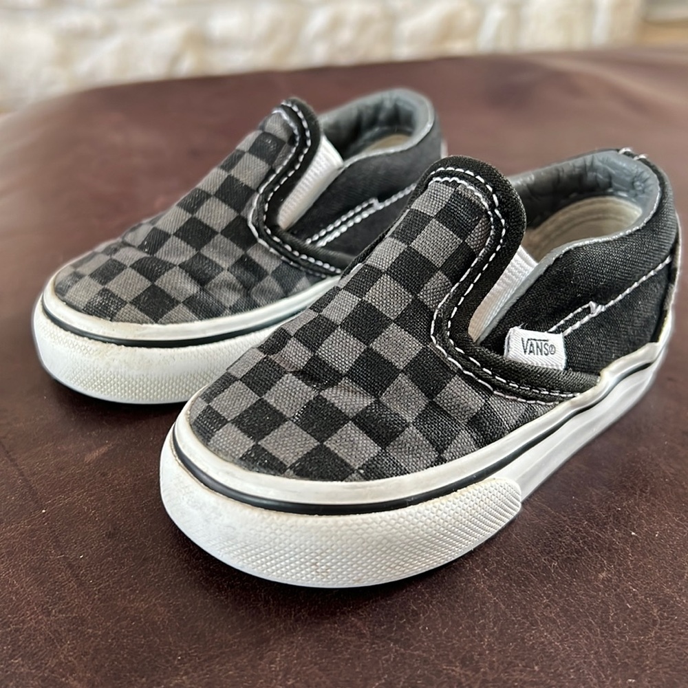 Vans Slip-On Checkerboard Skate Shoe - Baby / Toddler - Black / Grey